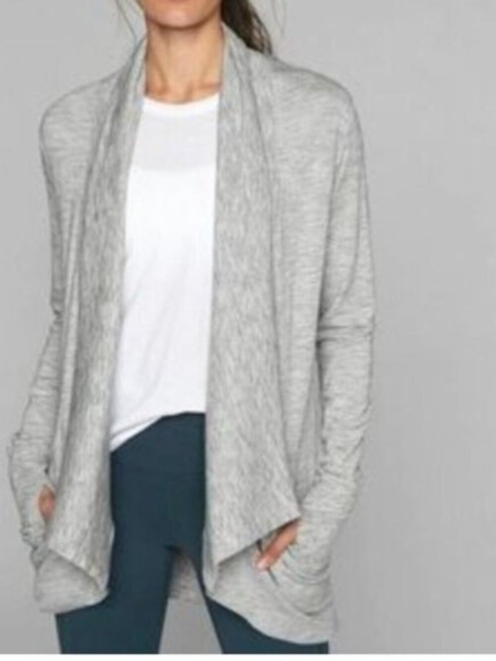 Athleta Pranayama Wrap Cardigan XS Gray Ribbed Thumbholes Pockets Modal Lounge